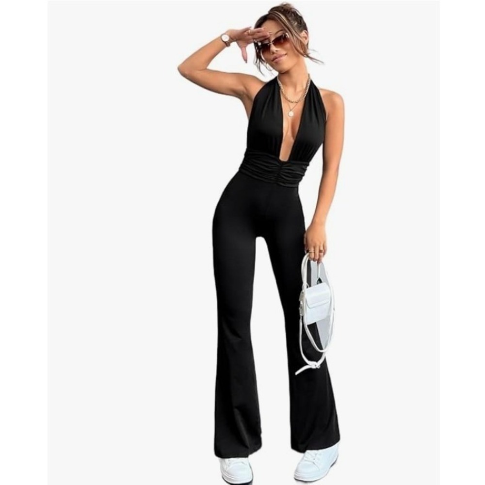 Pink Lily Black Halter Jumpsuit Women L Deep V-Neck Flare Leg Open‎ Back Stretch